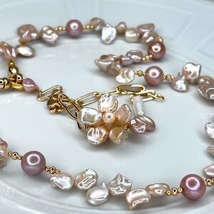 Handmade Freshwater Edison Premium Keshi Pearl Flower 🌺 Necklace Bracelet SET